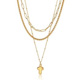 Chains Women Necklace Stack Set Layered Gold Color Stainless Steel Paperclip Wheat Satellite Link Chain 3pcs Tiny Cross Charm LDN2286i