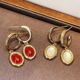 Dangle Earrings UNICE Vintage Real 18K Original Yellow Gold Jewelry AU750 Red Agate White Mother Of Pearl Oval Water Drop For Women