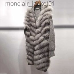 Women's Fur Faux Fur Women Long Plus Size Knitted Cardigan Coat With Real Fox Fur Stripe With Button Casual Long Sleeve Warm Female Jacket Outwear J230921