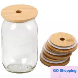 Mason Lids Reusable Bamboo Caps Lids with Straw Hole and Silicone Seal for Mason Jars Canning Drinking Jars Lid Wholesale