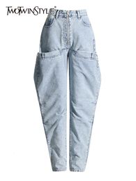 Men s Jeans TWOTWINSTYLE Patchwork Zipper Irregular Hollow Out Denim Pants For Women High Waist Streetwear Straight Leg Female 2023 230921