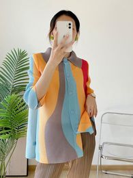 Women's Blouses Miyake Lapel Single Breasted Printing Pleated Shirts Women 2023 Summer Color Block Female Chic Top Trendy Clothes