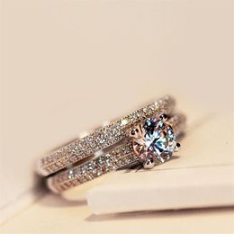 2PCS set Bamos Luxury Female White Bridal Wedding Ring Fashion 925 Silver Filled Jewellery Promise CZ Stone Engagement Rings For W201D