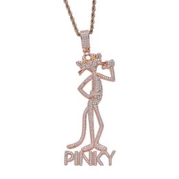 Iced Out Pink Panther and Sons Pendant Necklace Micro Paved Zircon Gold Silver Plated Bling Hip Hop Jewelry222W