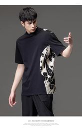 Men's Hoodies 2023 Summer Fashion Casual Small Standing Neck Black Short Sleeve T-shirt Patchwork Top B232111046