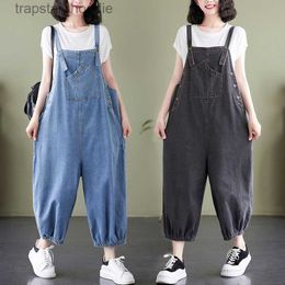 Women's Jumpsuits Rompers #1456 Black Blue Wide Leg Jeans Jumpsuits Women Sleeveless Loose Buttons Pockets Denim Overalls Female Ankle-length Summer 2022 L230921