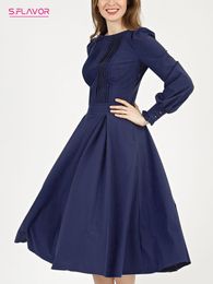 Basic Casual Dresses S.FLAVOR Women Long Sleeve Classic Midi Dress Elegant O-neck Navy Colour Pleated Working Dresses 230920