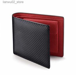 Money Clips 2023 Fashion Carbon Fibre Men's Leather Wallet Casual Two-fold Leather Long Wallet Women's Multi-Card Change Pocket Short Wallet Q230921