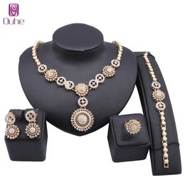 Luxury Design Dubai Gold Colour Crystal Jewellery Set Elegant Women Necklaces Jewellry Bride Wedding Party Accessories Gift