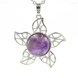 Pendant Necklaces Healing Real Natural Stone For Women Female Jewellery Flower Round Cabochon Charm Reiki Crystal Quartz Choker