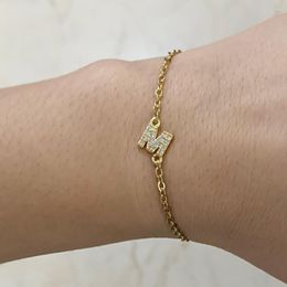 Charm Bracelets Handmade DIY Gold Color Copper Zircon Letter Wristband Bracelet Elastric Causal Wrist Steel Link Chain Thread Arm Cuff