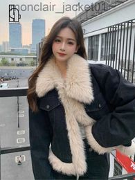 Women's Fur Faux Fur Korean Women Fashion Faux Fur Coats Winter Thick Warm Fur Collar Denim Coats Pocket Black Casual Patchwork Casual Padded Coats J230921