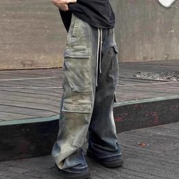 Men's Jeans Gradient Ribbons Multi-pockets Drawstring For Men Harajuku Streetwear Baggy Y2K Denim Trousers Oversized Cargos