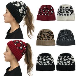 5 Colors Luxury Leopard Print Horsetail Woolen Hat Outdoor Warm Knit Hat Unisex Sports Casual Hat