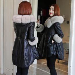 Women's Leather Long PU Cape Jacket Ladies Down Padded Winter 2023 Thick Women Warm Clothes Outerwear Faux Fur Collar