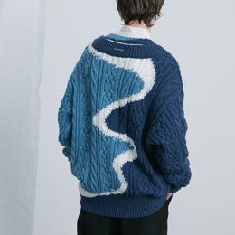 Women's Sweaters Winter Vintage Patchwork Knitted Sweater Harajuku Loose Blue V-Neck Hip Hop Streetwear Pullover Knit Men