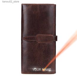 Money Clips 2022 Leather Men Wallets Name Customised % Genuine Cow Leather Long Card Holder Leather Men Purse High Quality Male Wallet Q230921