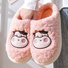 Slippers 2024 Winter Warm Indoor Girls Cute Cow Cotton Female Home Cartoon Plush Flat Slides Men Shoes 230921