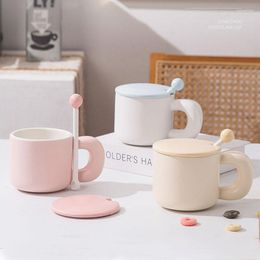 Mugs Brief Makaron Colour Ceramic Coffee Cups With Lid And Spoon Thicken Home Office Milk Tea Cup Drink Water Drinkware 380ml