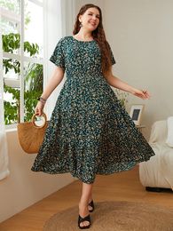 Plus size Dresses Size Scroop Neck Floral Print Elastic Waist Short Sleeves Boho Summer Long Robe A Line Swing Maxi Gown Clothing 230920