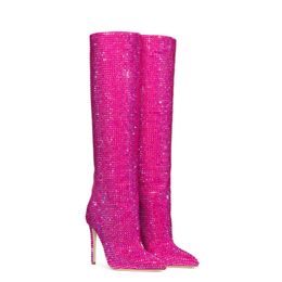 Boots Black Pink Silver Rhinestone Knee High for Women Designer Stilettos Heels Sexy Wedding Autumn Winter Shoes 230921
