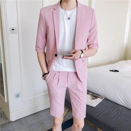Men's Suits 2023 Summer Men Suit Set Slim Fit Half Sleeve Knee Length Pants Korean Style Pink White Jacket With Short Pant
