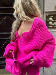 Women's Sweaters Rose Red Cable Knitted Long Lantern Sleeve Sweater Oversized Chest Wrapping Pullover Jumper Women Fashion Casual Street Knitwear 230920