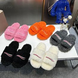 Luxury Slides Paris women bedroom Slippers Ladies lack white letter Autumn Winter women designer shoes Flat Soft Sandal Fur Fluffy Furry Warm flops Size 35-45