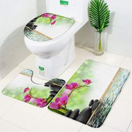 Bath Mats Green Bamboo Zen Stone 3pcs Set Mat Orchid Flower Spa Decor Anti Slip Bathroom Rug Carpet Toilet Cover Machine Washable