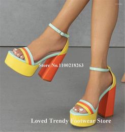 Sandals Mixed-colors Stripes High Platform Block Heel Open Toe Colourful Patchwork Chunky Dress Shoes Party Heels Big Size