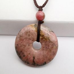 Pendant Necklaces Natural Rhodonite Stone Carved Safety Button Necklace Adjustable Nylon Rope Braid Jewelry F107