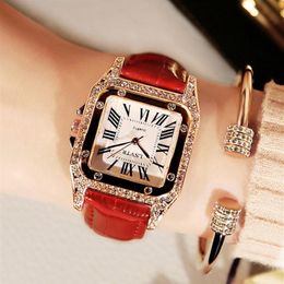 Vintage Female Watch Rhinestone Fashion Student Quartz Watches Real Leather Belt Square Diamond Inset Womens Wristwatches227K