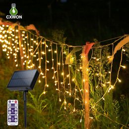 LED Solar Icicle String Lights Outdoor holiday Curtain string lights 128led 256led 300led 3.7v 1200mAh big solar panel 8 working modes