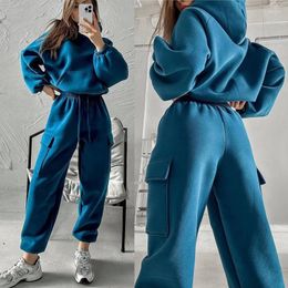 Women's Two Piece Pants Women Hooded Tracksuit Pieces Set Sweatshirts Pullover Hoodies Pockets Suit Drawstring Trousers Sports Outfits