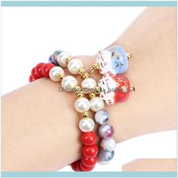 Beaded Bracelets Jewelrybeaded Strands Gift Obsidian Bracelet Lucky Cat Cute Women Natural Beads Ceramic Femela1 Drop Delivery 202247f