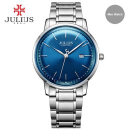 Julius Brand Stainless Steel Watch Ultra Thin 8mm Men 30M Waterproof Wristwatch Auto Date Limited Edition Whatch Montre JAL-040278F