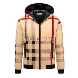 Mens Down Parkas Mens cotton down jacket winter jumpsuit beige plaid brand weatherproof standup collar trench coat men and women with European casual fashion thick w