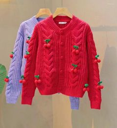 Women's Knits Cherry Sweater Coat Women Twist Cardigans Autumn Winter Sweet Short Thicken Knitted Cardigan Loose Lazy Tops