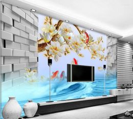 Wallpapers Custom 3d Wallpaper Colorful Magnolia Flower Carp Jump Dragon Door Mediterranean Background Wall Mural