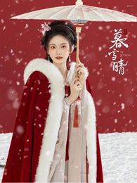 Women's Fur Chinese Style Han Costume Hooded Cloak For Women Winter Fleece Lined Padded Warm Keeping