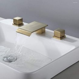 Bathroom Sink Faucets ThreeHole Double Square Handles Widespread Faucet Waterfall Solid Brass Chrome/Brushed Gold Black