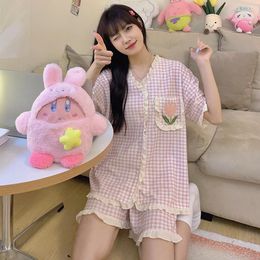 Women's Sleepwear Summer Pajama Set Plaid Print Korea Style Ladies 2 Pcs With Shorts Sweet Short Sleeve Pijama Suit Female