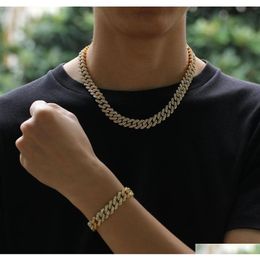 12Mm Miami Cuban Link Chain Necklace Bracelets Set For Mens Bling Hip Hop Iced Out Diamond Gold Silver Rapper Chains Women Luxury 245C
