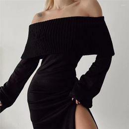 Casual Dresses Est Womens Autumn Winter Long Skinny Dress Solid Colour Sleeve Off Shoulder Side Split Fashion S M L