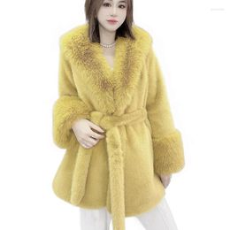 Women's Fur Winter Fashion Mid Length Polo Collar Long Sleeve Thickened Warm Imitation European Mink Coat Trend