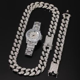 3pcs set Men Hip hop iced out bling Chain Necklace Bracelets watch 20mm width cuban Chains Necklaces Hiphop charm Jewellery gifts12710