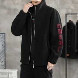 Men's Jacket Spring Autumn Winter Stand Collar Embroidery Plush Lamb Wool Casual Jacket Plus Size