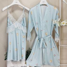 Women's Sleepwear Female Kimono Bathrobe Gown 2PCS Set Women Sexy Lace Wedding Morning Robe Nightgown Summer Satin Home Dress Loungewear