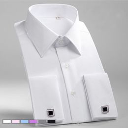 Men's Dress Shirts French Cuff Mens Formal Business Shirt Long Sleeve Solid Twill Men Party Wedding Tuxedo with Cufflinks Chest Pocket 230921