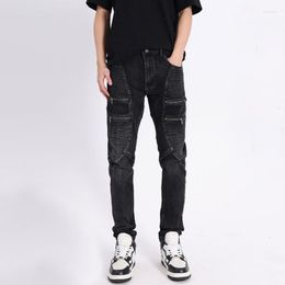 Men's Jeans Street Fashion Men Retro Black Gray Elastic Slim Fit Spliced Biker Zipper Designer Patched Hip Hop Pants Hombre